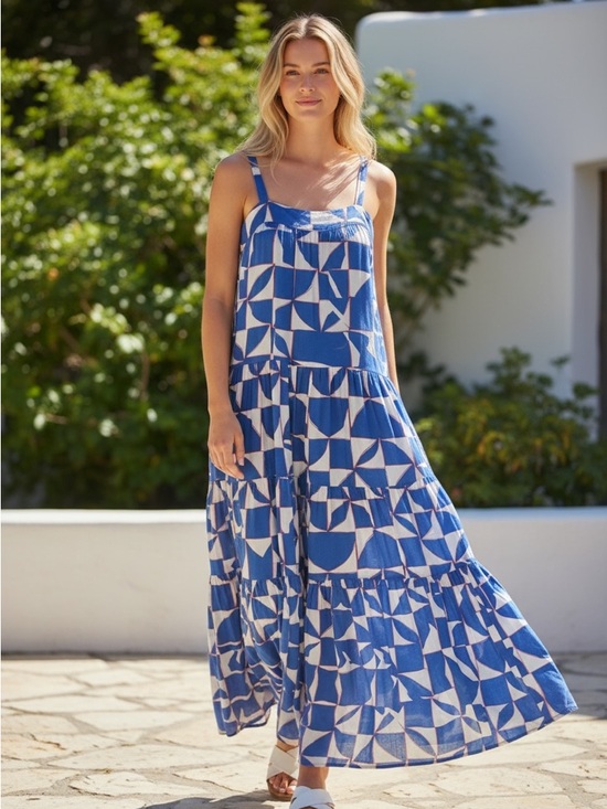 Abel The Label Dresses & Skirts - Women's Blue Geometric Tiered Maxi Dress